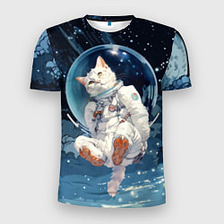 Мужская спорт-футболка Белый кот космонавт в невесомости