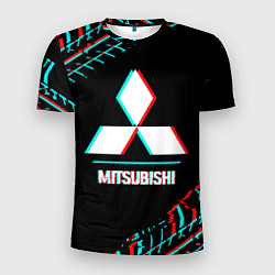 Футболка спортивная мужская Значок Mitsubishi в стиле glitch на темном фоне, цвет: 3D-принт