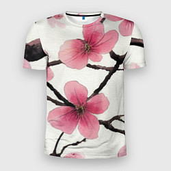 Мужская спорт-футболка Цветы и ветви японской сакуры - текстура холста
