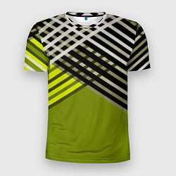 Футболка спортивная мужская Косые черно-белые полосы на оливковом фоне, цвет: 3D-принт
