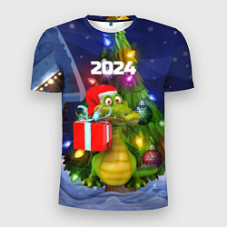 Футболка спортивная мужская Дракон с подарком у елки, цвет: 3D-принт