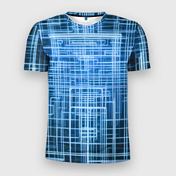 Футболка спортивная мужская Синие неоновые полосы киберпанк, цвет: 3D-принт