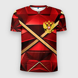 Мужская спорт-футболка Герб России на красном абстрактном фоне
