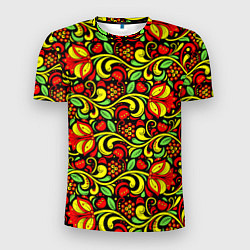 Мужская спорт-футболка Хохломская роспись красные цветы и ягоды