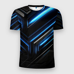 Футболка спортивная мужская Черный абстрактный фон и синие неоновые вставки, цвет: 3D-принт