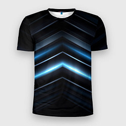 Мужская спорт-футболка Синий неоновый яркий свет на черном абстрактном фо
