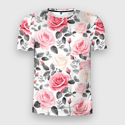 Мужская спорт-футболка Розовые розы и серые листочки - паттерн
