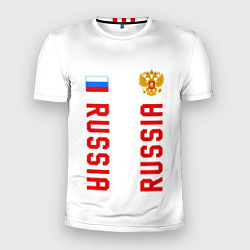 Мужская спорт-футболка Россия три полоски на белом фоне