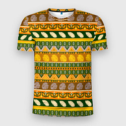 Мужская спорт-футболка Оливково желтый полосатый тропический узор