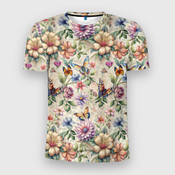 Мужская спорт-футболка Летний узор с цветами и бабочками