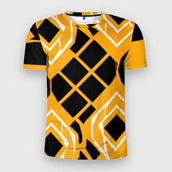 Футболка спортивная мужская Чёрные квадраты и белые полосы на оранжевом фоне, цвет: 3D-принт