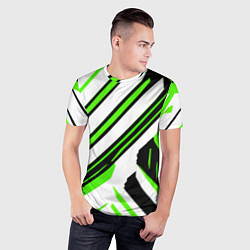 Футболка спортивная мужская Чёрно-зелёные полосы на белом фоне, цвет: 3D-принт — фото 2