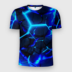 Мужская спорт-футболка Яркие голубые неоновые плиты в разломе
