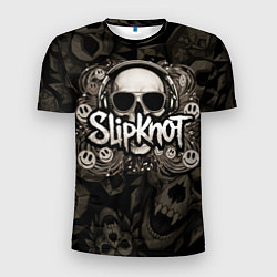 Футболка спортивная мужская Slipknot на фоне черепа в очках и наушниках, цвет: 3D-принт