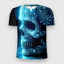 Футболка спортивная мужская Cyber neon skull - ai art с дорожками на плате, цвет: 3D-принт