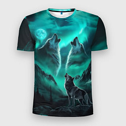 Мужская спорт-футболка Волки воют на луну и северное сияние