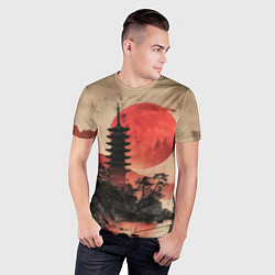 Футболка спортивная мужская Башня на фоне алого заката - Япония, цвет: 3D-принт — фото 2