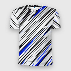 Мужская спорт-футболка Диагональные чёрно-синие полосы на белом фоне