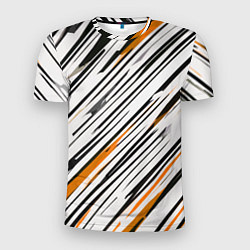 Мужская спорт-футболка Диагональные чёрно-жёлтые полосы на белом фоне