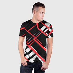 Футболка спортивная мужская Красно-белые линии на чёрном фоне, цвет: 3D-принт — фото 2