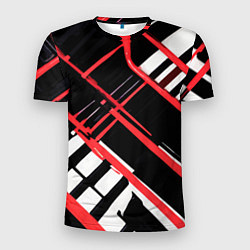 Футболка спортивная мужская Красно-белые линии на чёрном фоне, цвет: 3D-принт