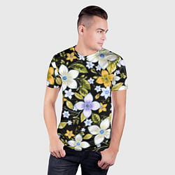 Футболка спортивная мужская Жёлто-белые цветы на чёрном фоне, цвет: 3D-принт — фото 2