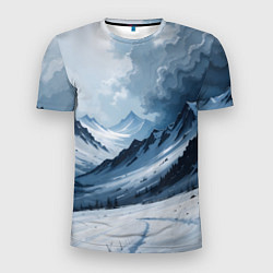 Мужская спорт-футболка Зимний горный пейзаж маслом