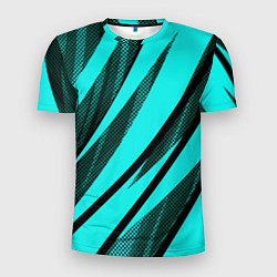 Мужская спорт-футболка Неоновый голубой с чёрным абстракция с полосами