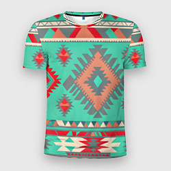 Мужская спорт-футболка Оранжево бирюзовый геометрический узор в стиле ацт