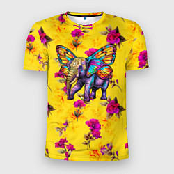 Футболка спортивная мужская Слон с крыльями бабочки на цветочном фоне, цвет: 3D-принт