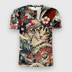 Мужская спорт-футболка Котики и рыбки в сакуре