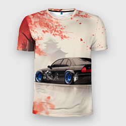 Футболка спортивная мужская Черная БМВ и сакура, цвет: 3D-принт