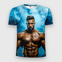 Футболка спортивная мужская Бодибилдер в синем дыму, цвет: 3D-принт