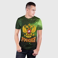 Футболка спортивная мужская Герб России на зеленом с частицами фоне, цвет: 3D-принт — фото 2