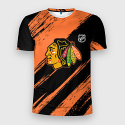 Футболка спортивная мужская Чикаго Блэкхокс - фон с оранжевыми потертостами, цвет: 3D-принт
