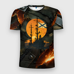 Футболка спортивная мужская Корабль ВМФ на фоне камуфляжа, цвет: 3D-принт