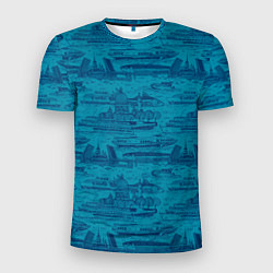 Мужская спорт-футболка Корюшка пошла по Неве на синем фоне