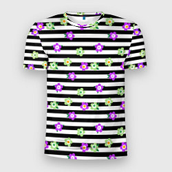 Футболка спортивная мужская Фиолетовые зеленый цветы на черно белом полосатом, цвет: 3D-принт