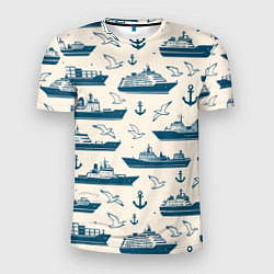 Футболка спортивная мужская Морской паттерн из чаек, якорей и кораблей, цвет: 3D-принт