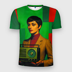 Футболка спортивная мужская Девушка с радио ретрофутуризм поп-арт 1970-е, цвет: 3D-принт