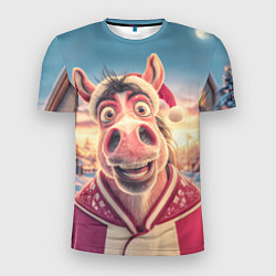 Футболка спортивная мужская Счастливая новогодняя лошадь, цвет: 3D-принт