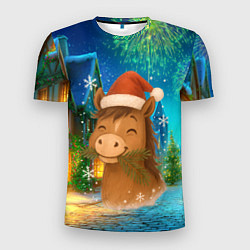 Футболка спортивная мужская Новогодняя лошадка жует елочные ветки, цвет: 3D-принт