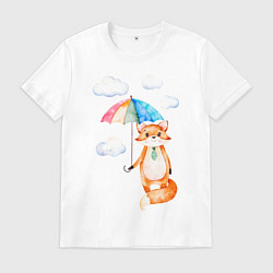 Футболка хлопковая мужская Лис под зонтиком, цвет: белый