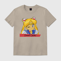 Футболка хлопковая мужская Sailor Moon Good Luck, цвет: миндальный