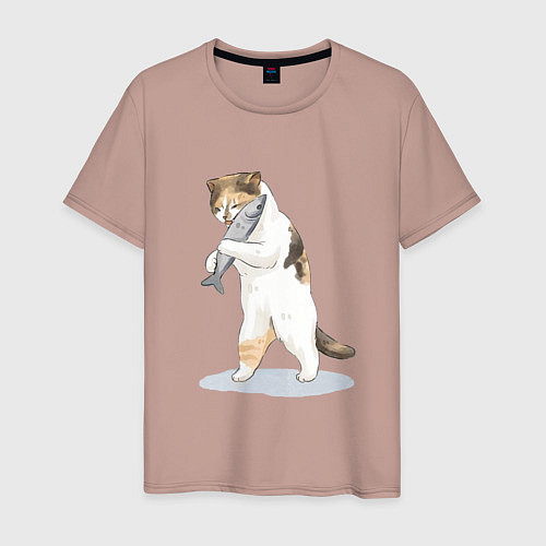 Мужская футболка Кот с рыбой / Пыльно-розовый – фото 1