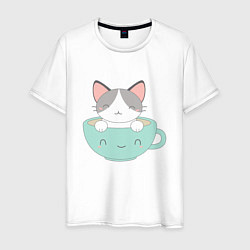 Футболка хлопковая мужская Чайный котик, цвет: белый