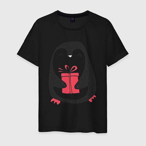 Мужская футболка Милый пингвин с подарком / Черный – фото 1