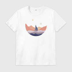 Футболка хлопковая мужская Яхта в океане, цвет: белый