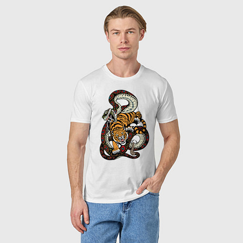 Мужская футболка Тигр и Змея Борьба / Белый – фото 3