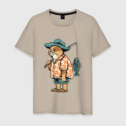 Мужская футболка Кот рыбак / Миндальный – фото 1